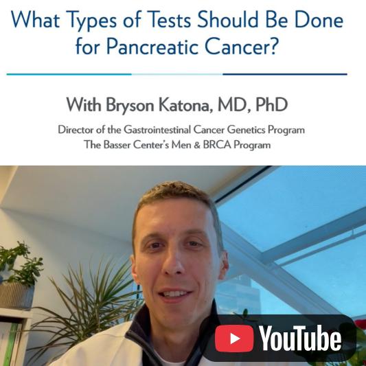 Video thumbnail about pancreatic cancer testing, featuring a healthcare professional speaking and a YouTube icon.