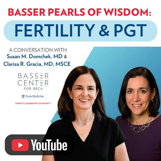 Promotional graphic for a Basser Center for BRCA webinar on fertility and preimplantation genetic testing (PGT), featuring two presenters and a YouTube icon.