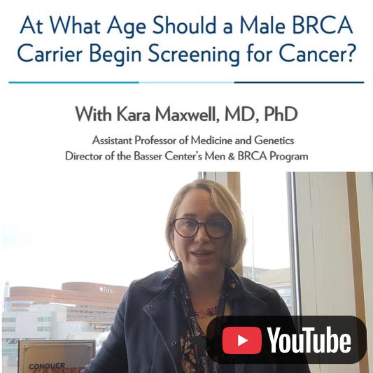 Video thumbnail about the age at which male BRCA carriers should begin cancer screening, featuring a healthcare professional speaking and a YouTube icon.