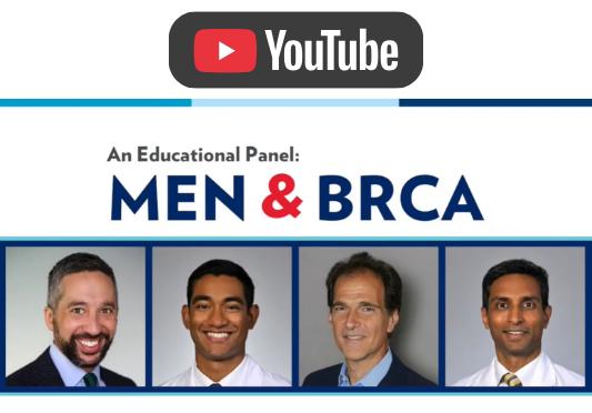 Promotional graphic for an educational panel titled “Men & BRCA,” featuring four speaker headshots.