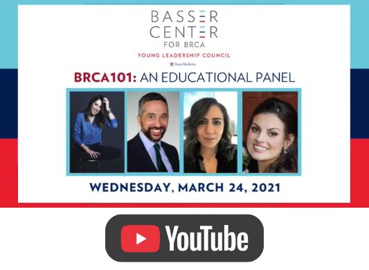 Video thumbnail for a BRCA101 educational panel, featuring four speaker headshots and a YouTube icon.