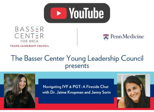 Video thumbnail for a Young Leadership Council discussion on IVF and PGT, featuring two speaker headshots and a YouTube icon.