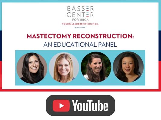 Video thumbnail for an educational panel on mastectomy reconstruction, featuring four speaker headshots and a YouTube icon.
