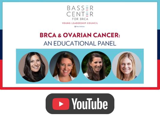 Video thumbnail for an educational panel on BRCA and ovarian cancer, featuring four speaker headshots and a YouTube icon.