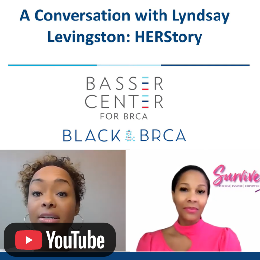 Video thumbnail for a Black BRCA conversation titled “HERStory,” featuring two speakers and a YouTube icon.
