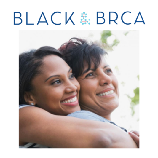 Two adults embracing outdoors, with faces close together and looking toward the distance. The image appears beneath the text “BLACK BRCA.”