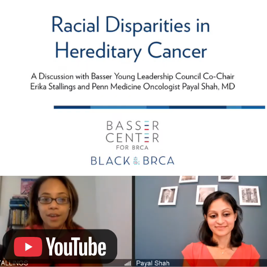 Video thumbnail for a discussion on racial disparities in hereditary cancer, featuring two speakers in a virtual conversation and a YouTube icon.