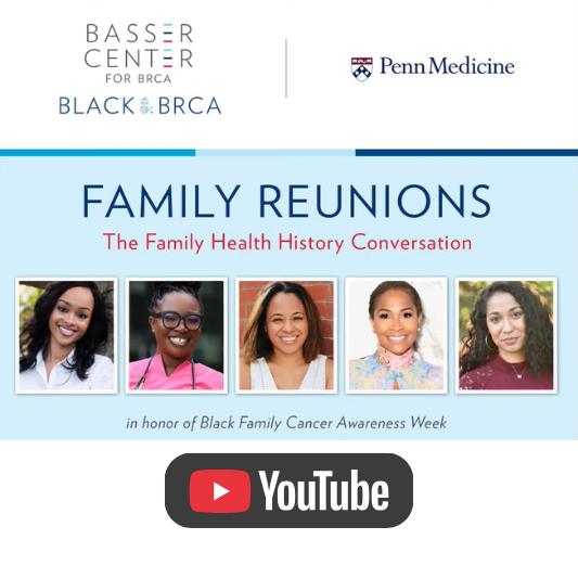 Video thumbnail for “Family Reunions: The Family Health History Conversation,” featuring five speaker headshots and a YouTube icon.