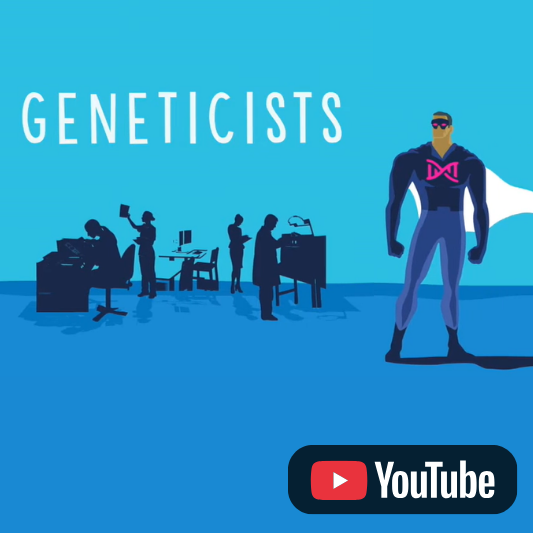 Video thumbnail featuring an animated illustration of geneticists in a laboratory setting alongside a superhero character, with a YouTube icon.