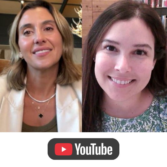 Video thumbnail featuring two speakers in a virtual conversation, with a YouTube icon.