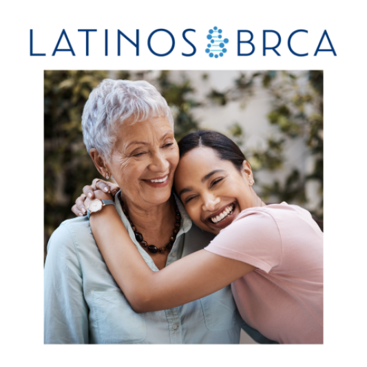Two adults embracing outdoors, with one person resting their head on the other's shoulder. The image appears beneath the text “LATINOS BRCA.”