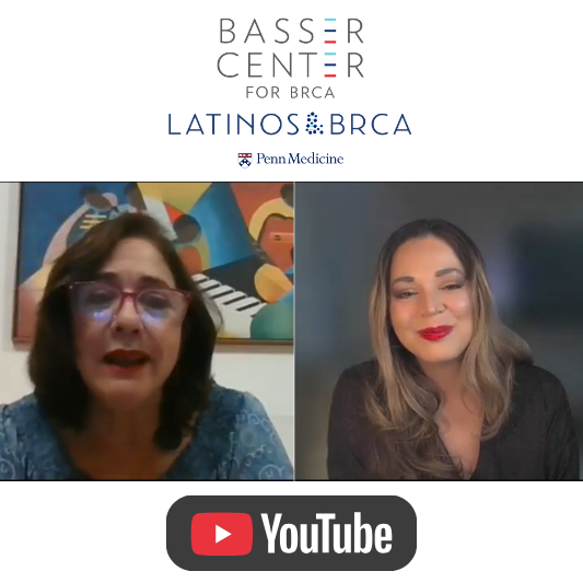 Video thumbnail for a Latinos BRCA conversation featuring two speakers in a virtual discussion, with a YouTube icon.