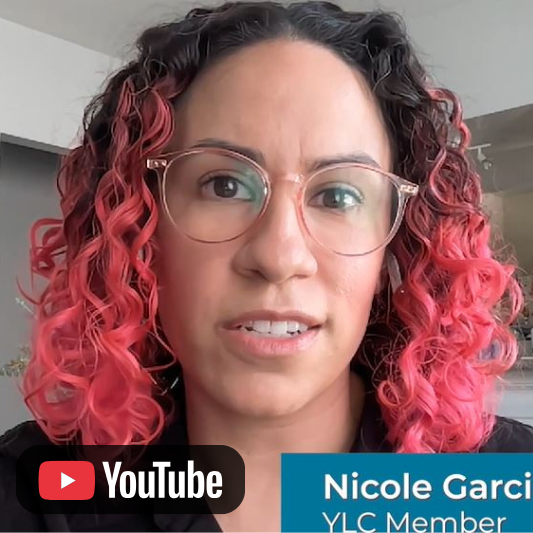 Video thumbnail featuring a Young Leadership Council member speaking on camera, with a YouTube icon.