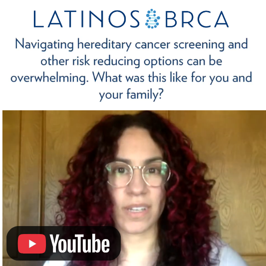 Video thumbnail for a Latinos BRCA discussion on hereditary cancer screening and risk reduction, featuring a speaker on camera and a YouTube icon.